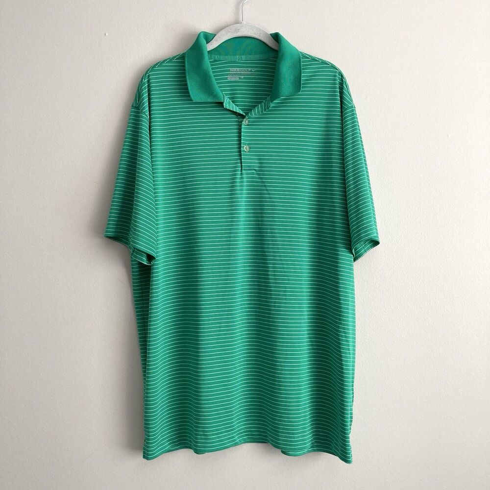 Nike Golf Dri-Fit Green White Striped Golf Polo Shirt Mens XL Performance